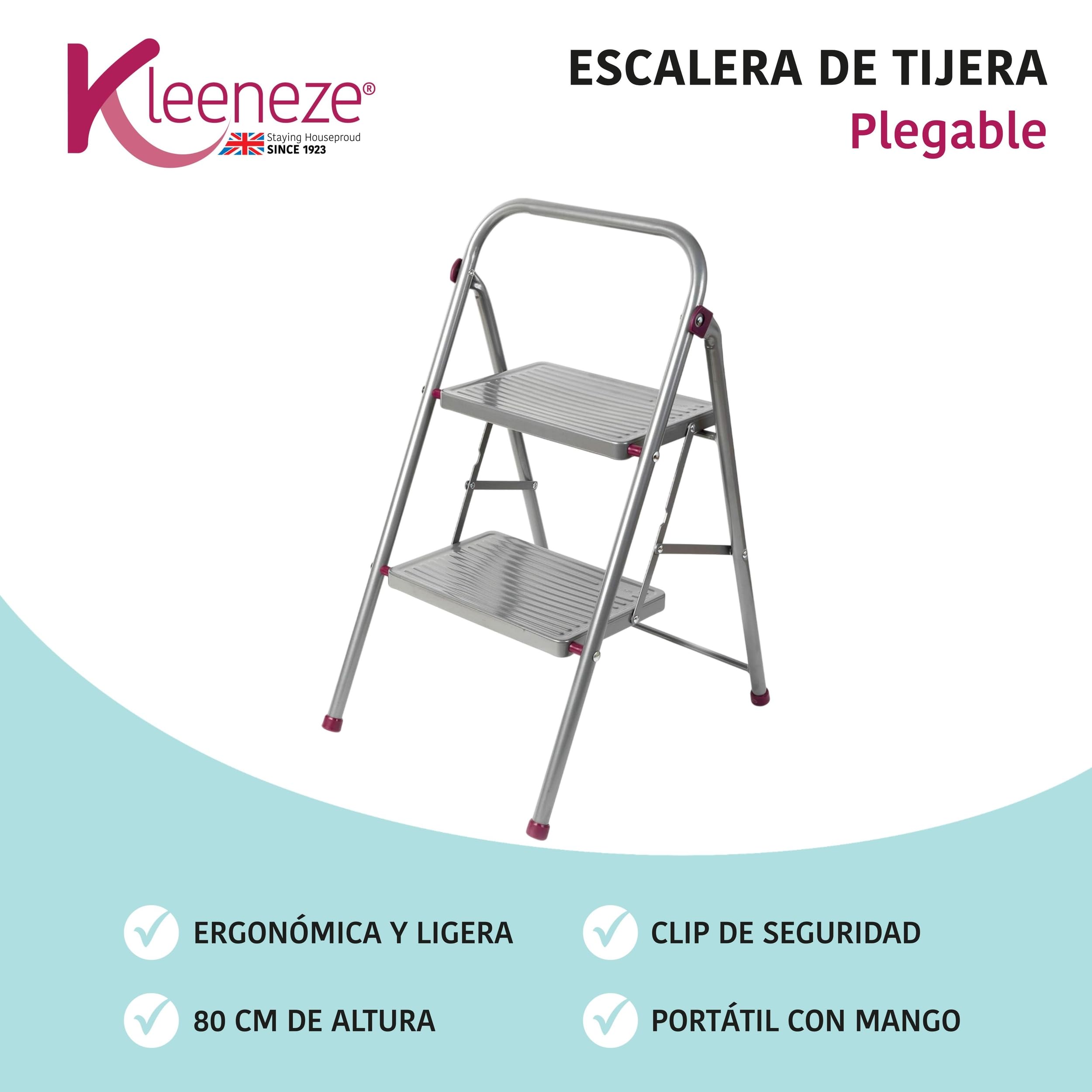 Kleeneze KL068491EU Escalera Plegable con 2 Peldaños, Fácil De Plegar, Gancho De Seguridad, Antiadherrente, Color Rosa/Gris, 80 cm
