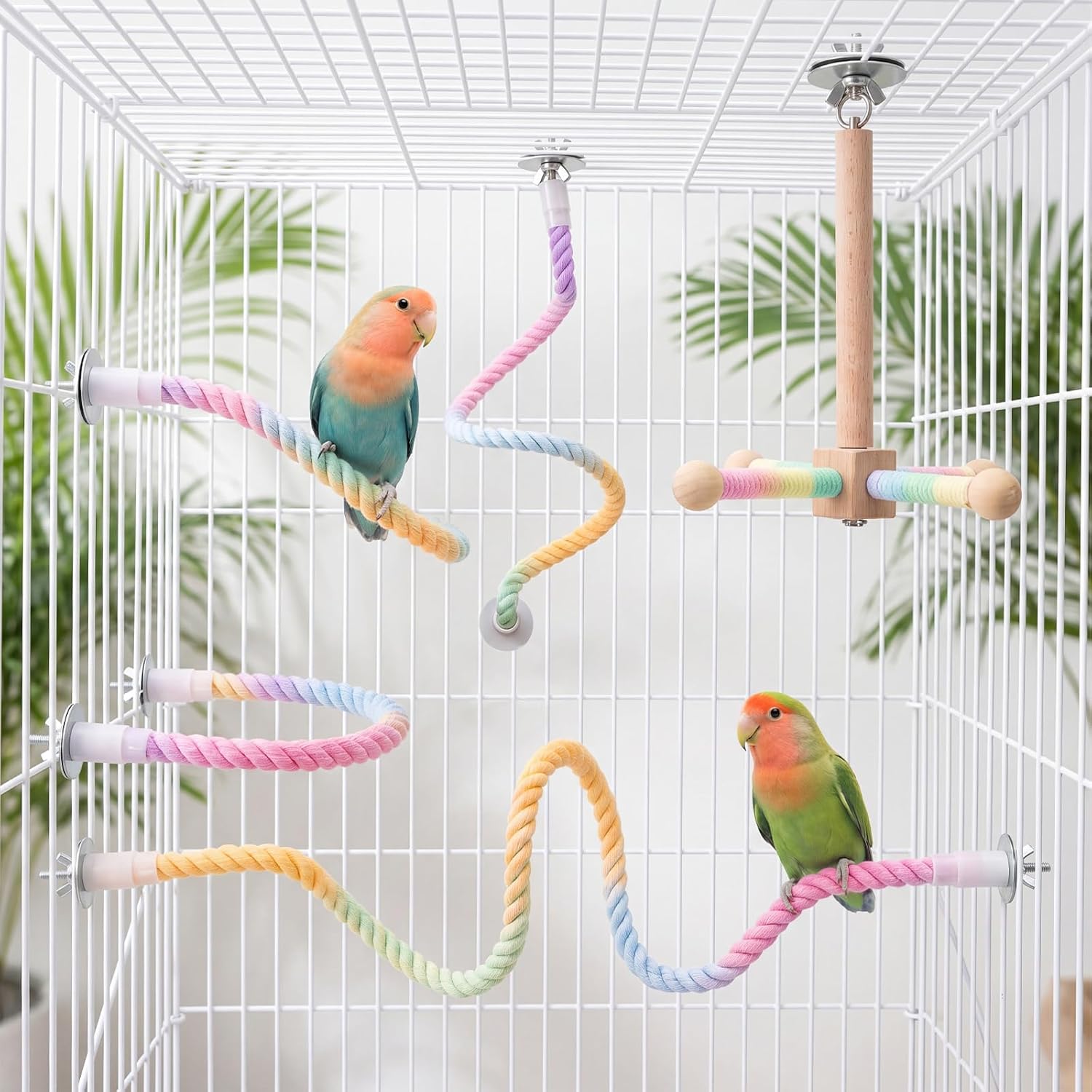 5 Pcs Bird Rope Perches Set with Rotating Cross Stand, Bendable Gradient Parrot Climbing Rope Multi Size Bird Cage Perch Toy Accessories for Cockatiels Lovebirds Budgies Parakeets Finches