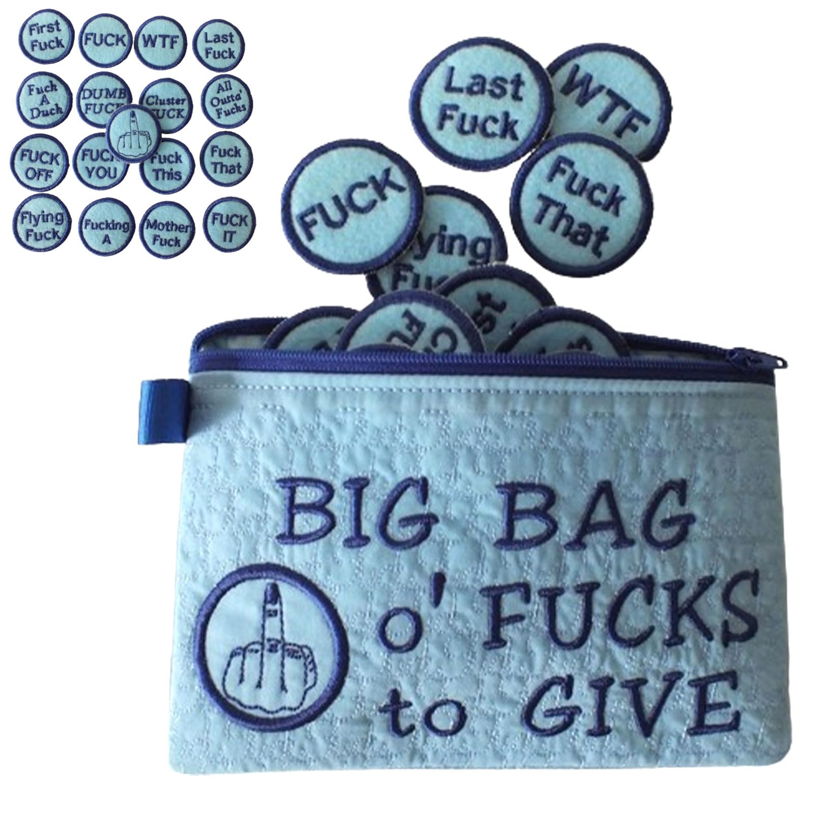 Big Bag of Fucks to Give Zipper Pouch - Fucks to Give Gag Gift, 9/17pcs Embroidery Fucks to Give Coins, Stress Relief Gadgets Funny Gifts for Friends Coworkers (Blue-17PCS)