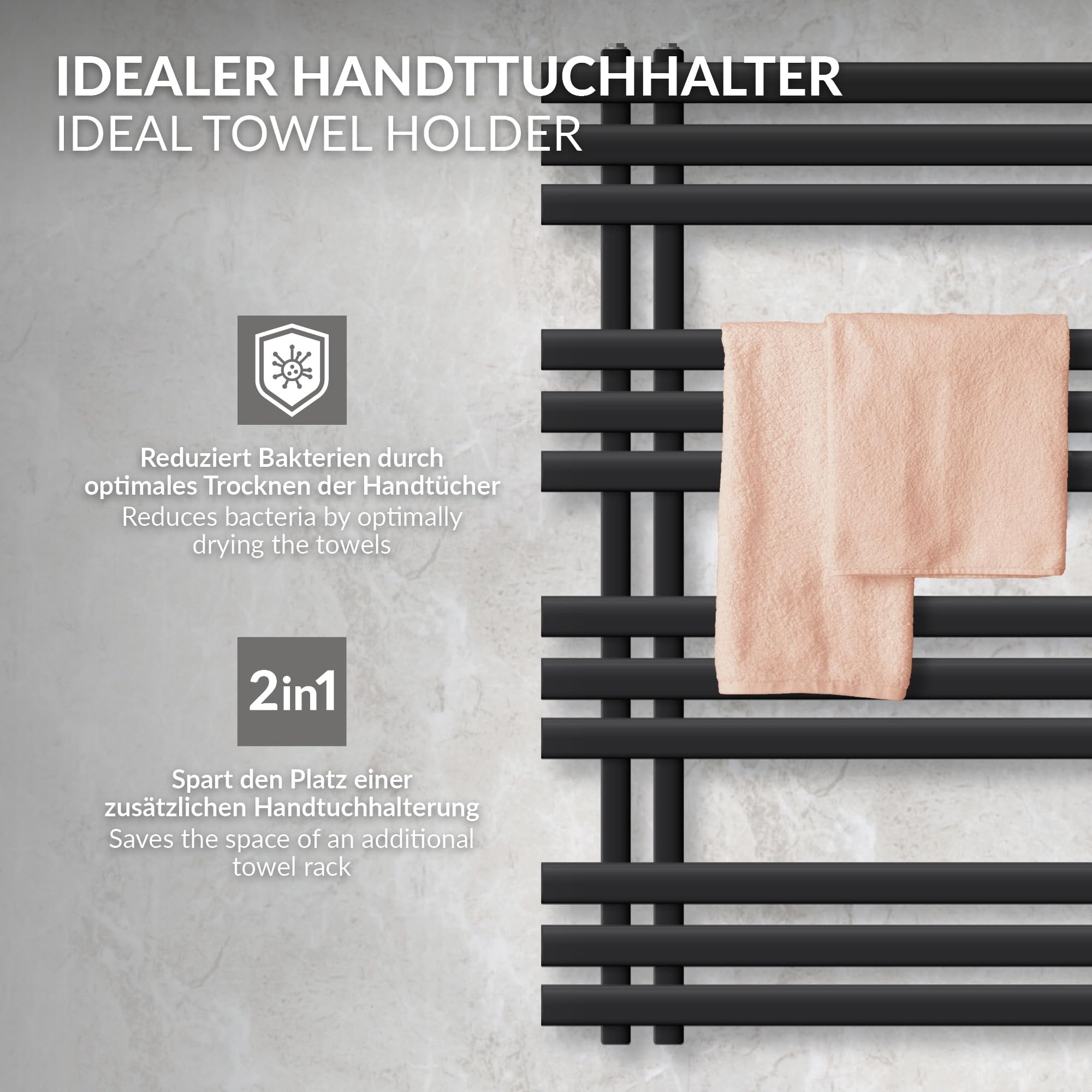 LuxeBath Radiador Eléctrico Iron EM 600 x 1000 mm Negro Mate, Estufa Toallera Vertical con Elemento Calefactor 300W Termostato de Pantalla Digital, Calentador de Pared de Diseño Moderno para Baño