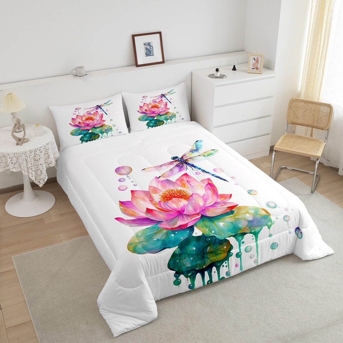 Chic Dragonfly Comforter Set Queen Pink Lotus Floral Bedding Set, Girly Flowers Bedding Comforter Sets Watercolor Oil Painting Bed Sets, Botanical Plants Animal Bedding Sets White Pink Turqoise