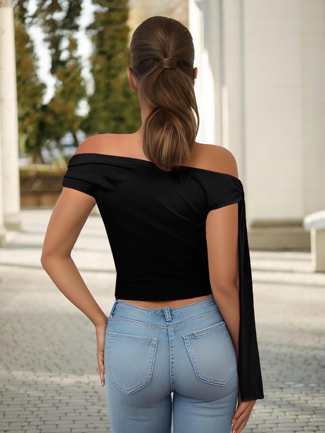 Off The Shoulder Tops for Women Tie Shoulder Ruched Going Out Slim Fit Sexy Solid Y2K Summer Tops - Image 3