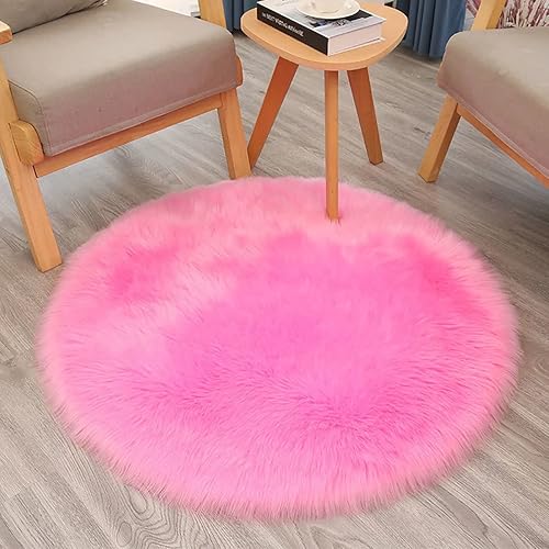 Miniatura 2 de Alfombra redonda de piel sintética rosa, alfombra circular de 2 pies de diámetro, esponjosa, súper suave, mullida, alfombra de piel sintética
