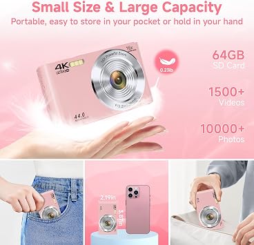 Digital Camera, FHD 4K Autofocus Digital Camera Pink with 64GB SD Card 16X Zoom, 2026 Upgraded Compact Cameras for Photography Point and Shoot Small Camera for Teen Boys Girls Kids Travel Adventures