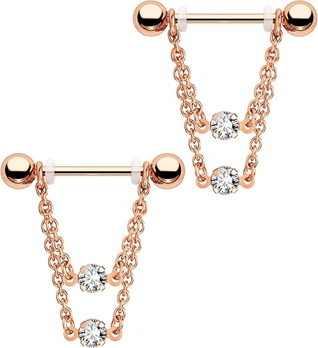 Cocharm Anillos de pezón de doble cadena de 0.49 oz, plata y oro, joyería de piercing de acero inoxidable 316L para mujer