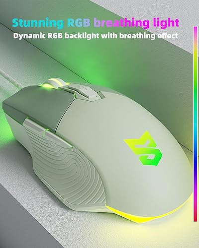 Miniatura 6 de Ratón ergonómico para juegos con cable, sensor óptico de 7200 DPI ajustable, USB C, ratones para juegos retroiluminados LED RGB con 7 botones Verde