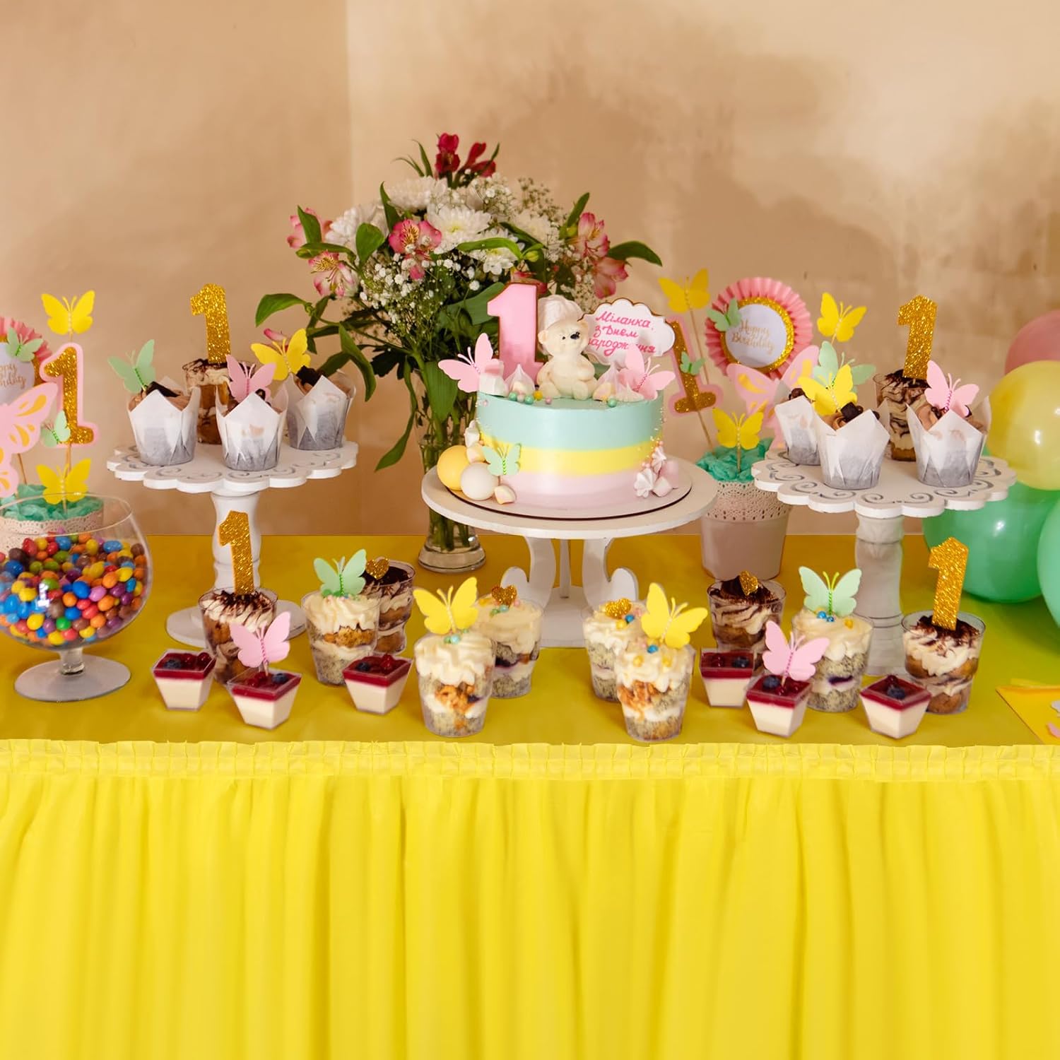 Oudain 6 Pcs Plastic Table Skirts and Stainproof Table Cloths 54 x 108 in Plastic Ruffle Tablecloth 168 x 29 Inches Disposable for Wedding Baby Shower Valentine Spring Easter Party(Yellow)