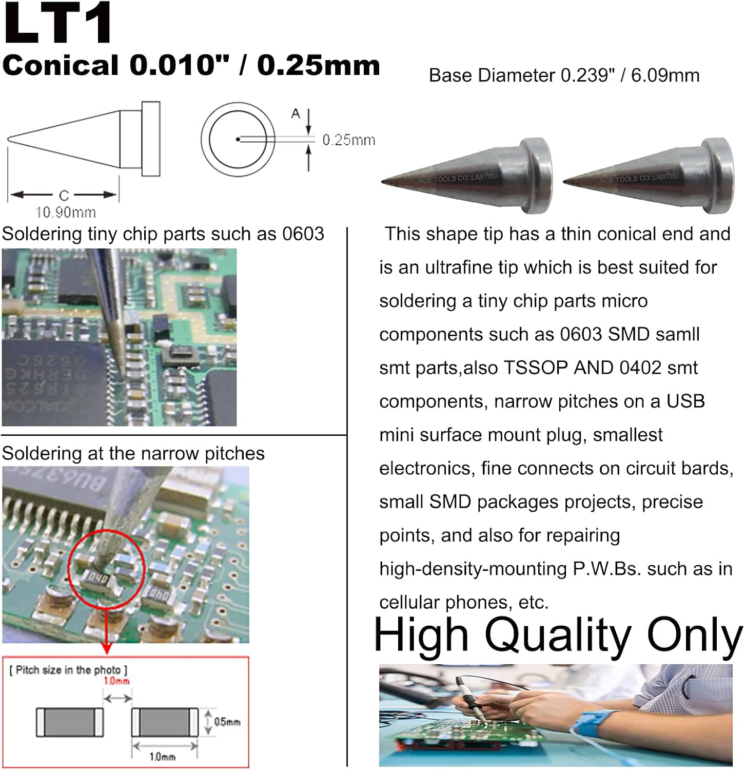 LT1 Conical 0.010" / 0.25mm Soldering Tip for WXP80 WSP80 WP80 WP120 MPR PE75 TCPS WSFP8 WD1000 WSD81 WSD121 WR2002 WR3000M WS81 WD2000 ACE Brand Solder Iron Tips (20)