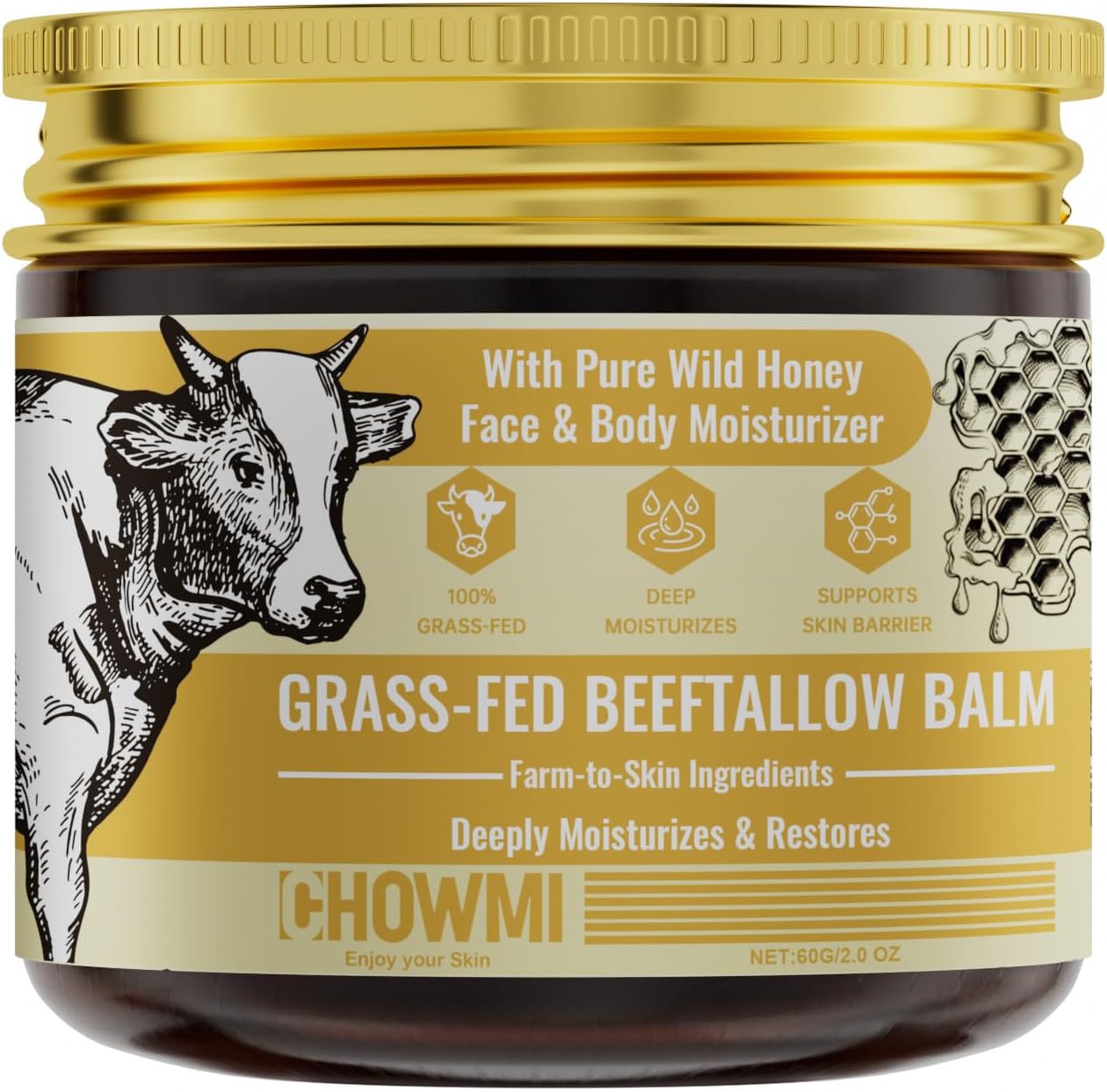Grass-Fed Beef Tallow Balm for Face & Body – Whipped Tallow & Raw Honey Moisturizer – Deeply Nourishing Cream for Dry, Sensitive Skin – 100% Natural, Unscented,2.03oz