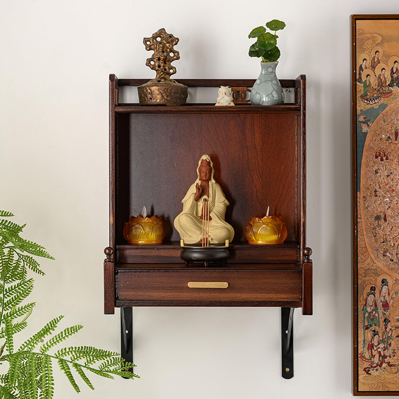 Półka Budda z orzecha włoskiego – montowany na ścianie stół ołtarzowy z szufladą na ofiary(Without Door,Wall-mounted)
