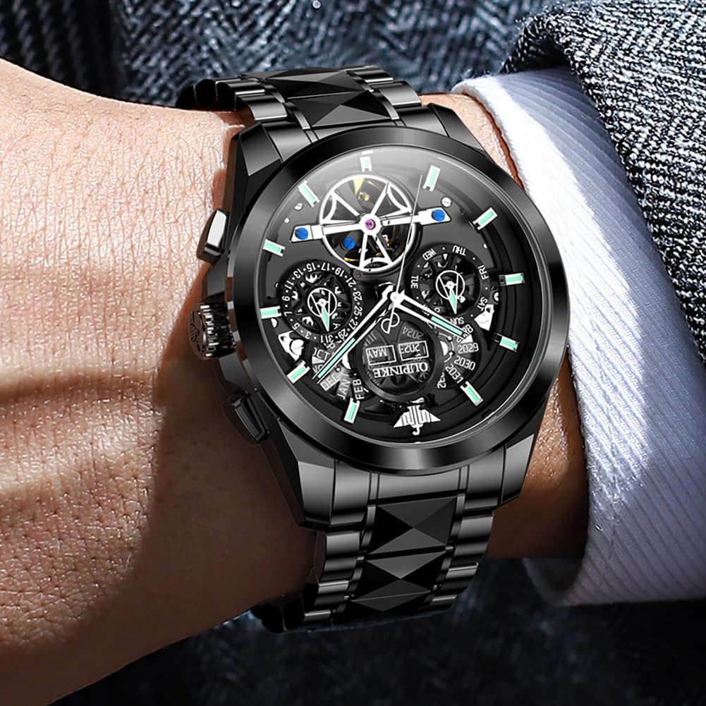 OUPINKE Men Watch Automatic 5 Hands Multi Calendar Year/Month/Week/Date Mechanical 5ATM Waterproof Luxury Tungsten Steel Sapphire Crystal Wrist Watch for Men
