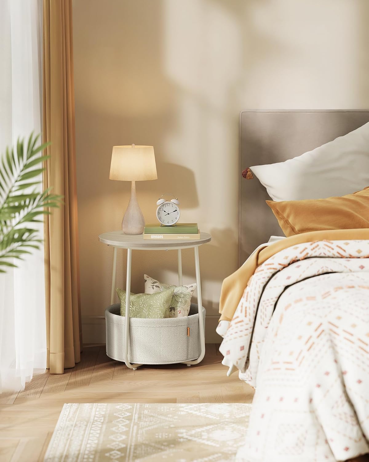 vasagle lilea collection - small round side end table, modern nightstand with fabric basket, for living room, bedroom, set of 2, cream white ulet225ll01s cream white round + 2 pack