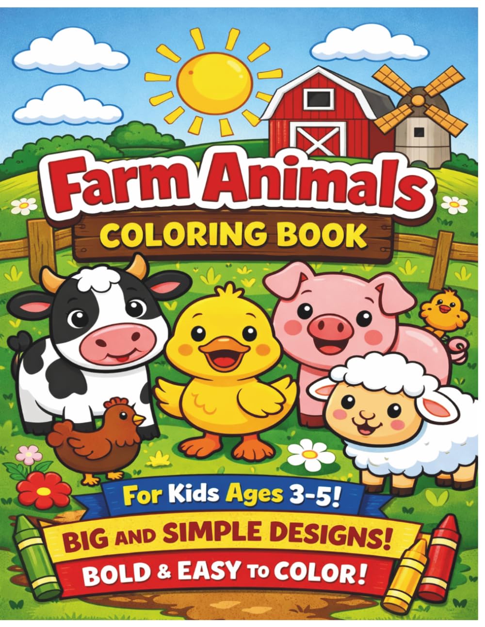 Farm Animals Coloring Book for Kids Ages 3-5: Big and Simple Designs | Bold and Easy Coloring Pages for Toddlers