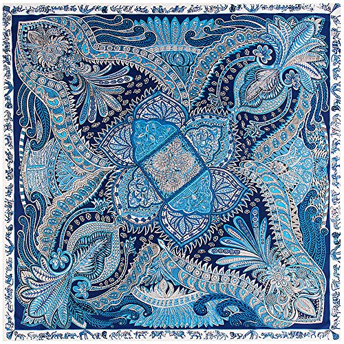 Corciova P-409-72 50 Inches Columbia Blue White Flower Large Square Twill Oversize Womens Winter Scarfs Shawls Wraps thumb #5
