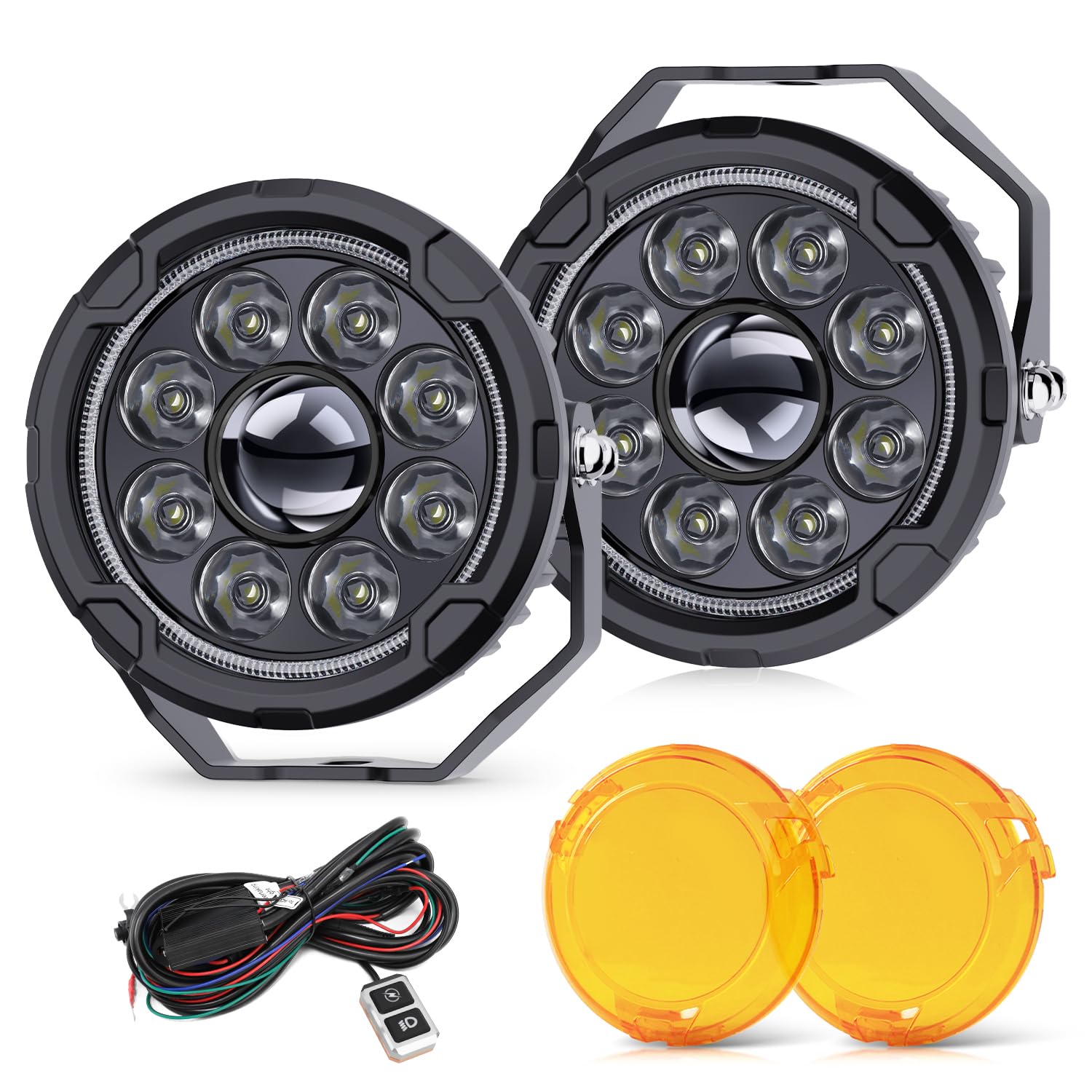 4.5 inch Strobe LED Motorcycle Auxiliary Lights with DRL, Spot+Flood White Driving Light Headlights, 3000K Yellow Fog Light, ADV Adventure Touring ATV UTV Offroad Truck LED Bar 2PCS(+Wiring Harness)