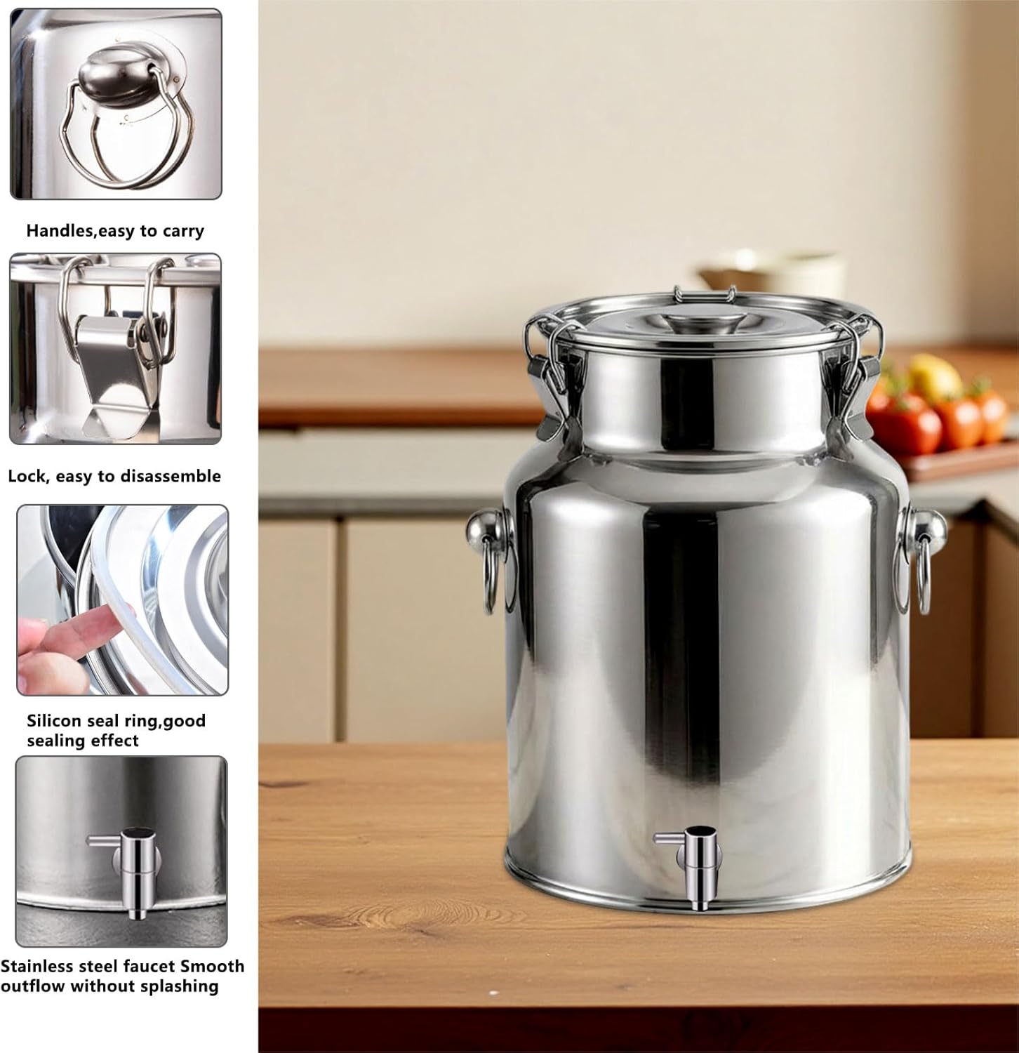 AIZYR Stainless Steel Milk Jug, Seal Milk Bucket Milk Can with Spigot and Sealed Lid Transport Barrel Food Container for Restaurant Kitchen Farm,5L 17x24CM