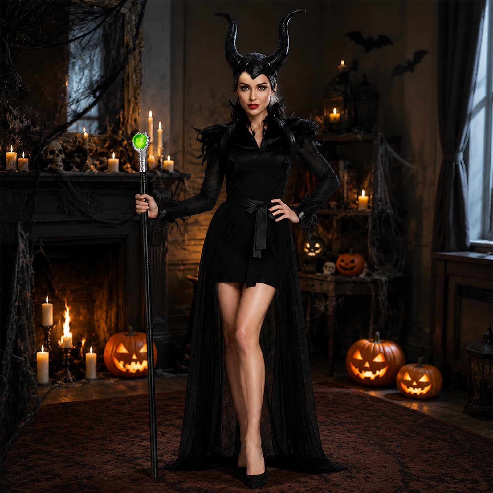 Costume da Maleficent per bambine, da regina cattiva, con corna e mantello con ali nere, senza maniche, costume da strega cattiva, costume da diavolo, per Halloween, carnevale, cosplay, feste a tema