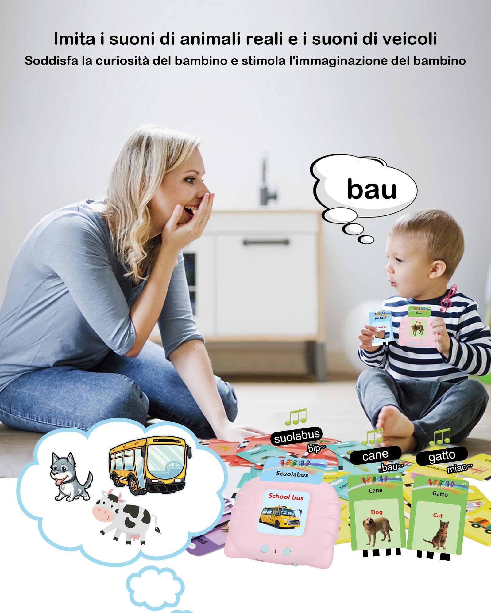 Schede Flash Cards Parlanti,Giocattoli di Apprendimento per Bambini dai 1-12 Anni, Educativi Prescolari da Ascoltare e Imparare di Base 510 Parole(Rosa italiano + inglese)