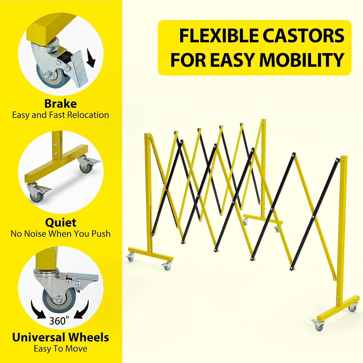 20FT Industrial Expandable Barricade Folding Security Gate with Wheels, 20ft Expandable Metal Barricade with Wheels, Yellow Black Traffic Fence for Construction, Crowd Control, Parking Lot, Events