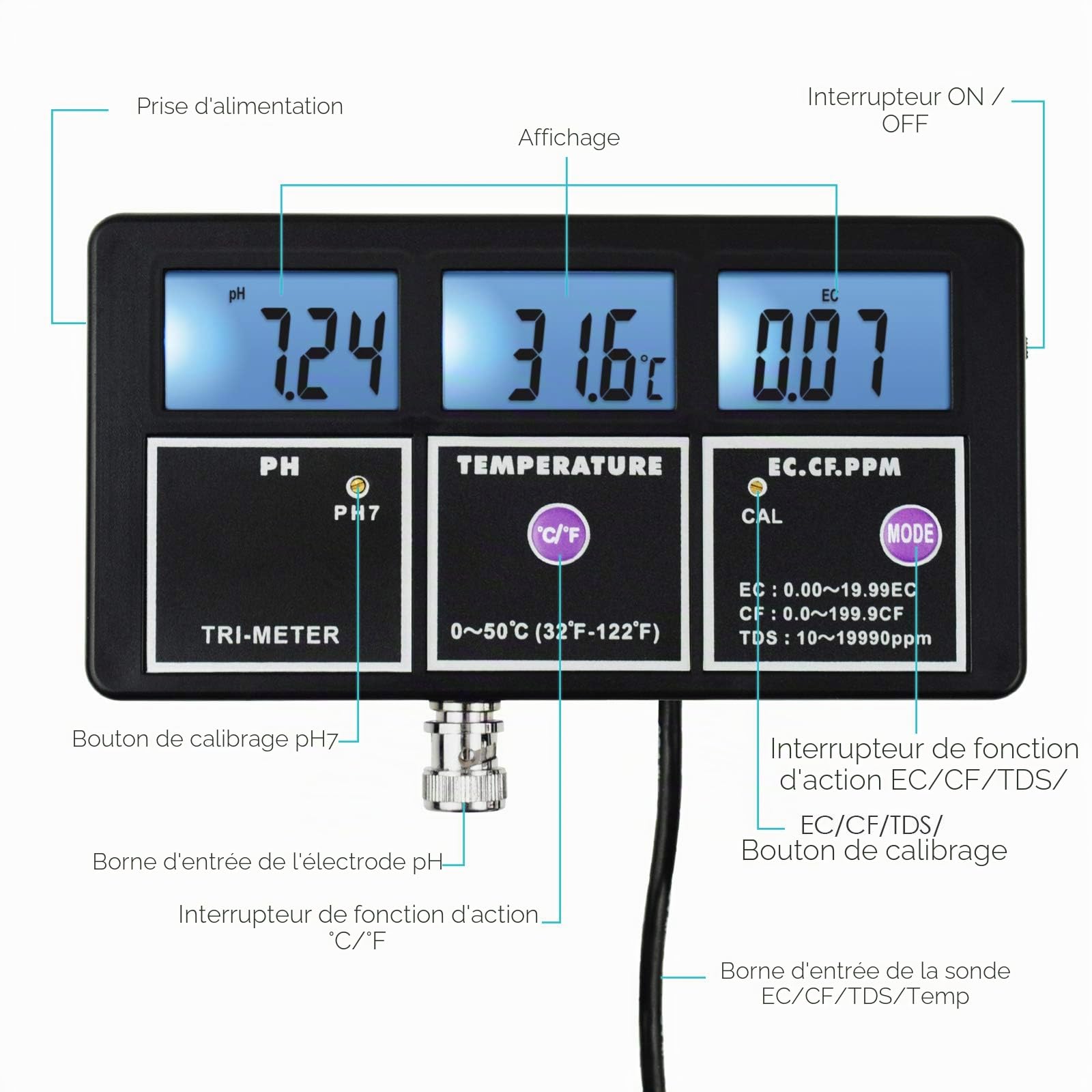 Passez la souris sur l'image pour zoomer Multi-paramètres De Qualité De L'eau 5-en-1 PH EC CF TDS (ppm) Testeur