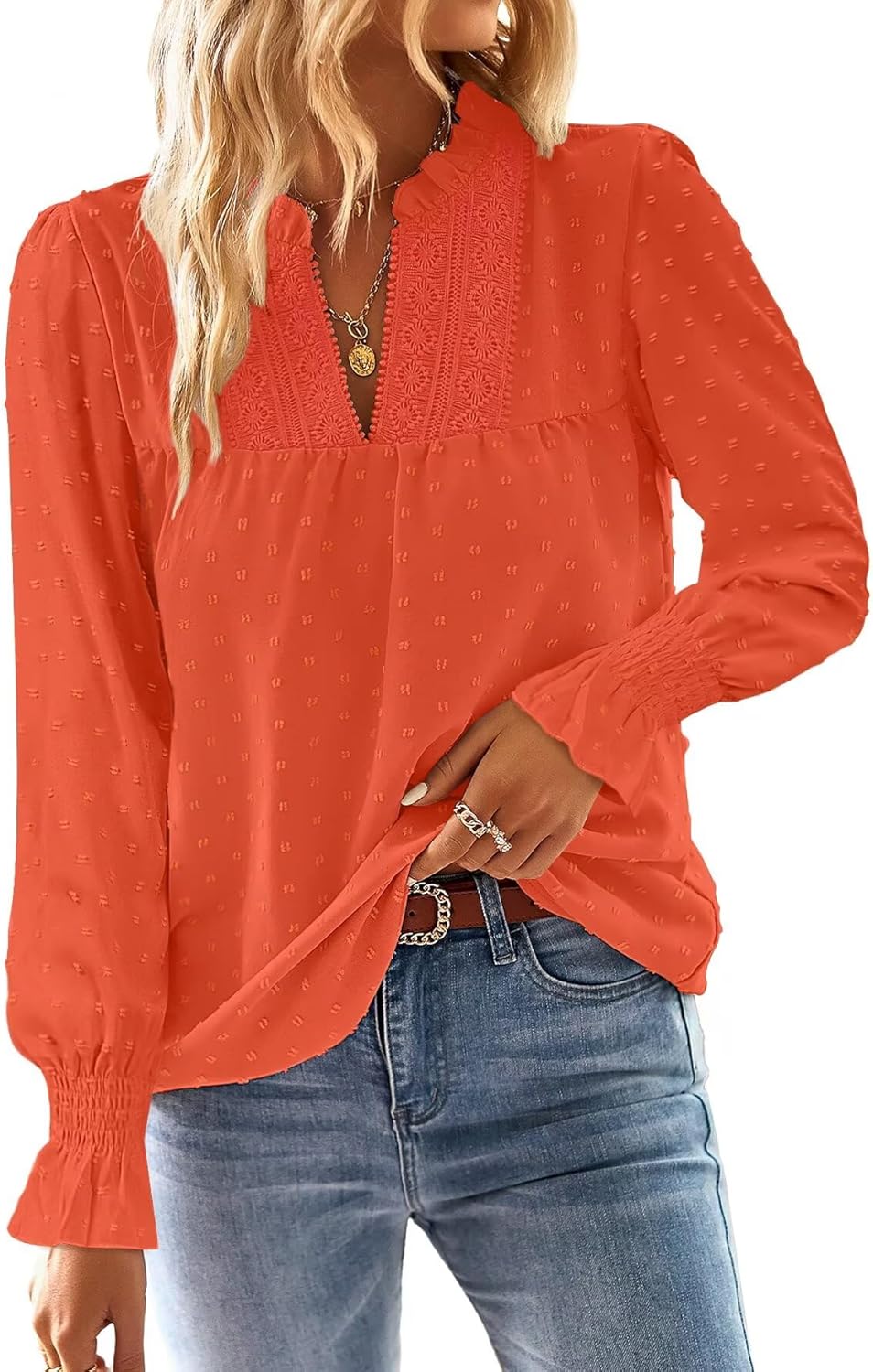 Boho Tops for Women V Neck Blouses Flowy Swiss Dot Dressy Casual Lace Womens Long S...