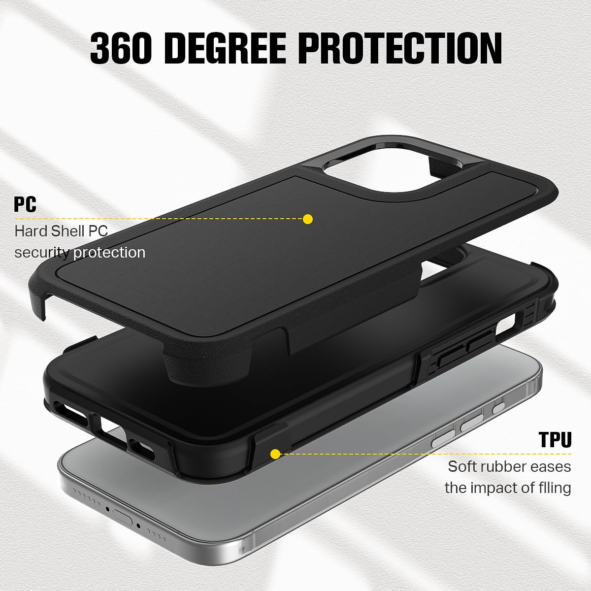 Stoßfeste Schutzhülle für iPhone 15/15 Pro/15 Plus/15 Pro Max, Militärschutz, ultradünnes Hybrid-TPU + PC, kratzfest, rutschfest, Schwarz