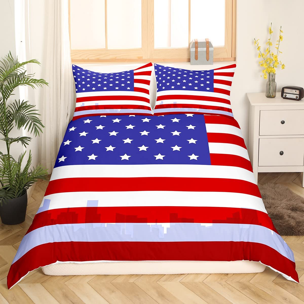 Set Biancheria Da Letto Bandiera Americana - 2 Pezzi (Piumino Twin 173x229 Cm + Federa), Motivo Stelle E Stile Western, Trapunta Leggera In Poliestere Morbido, Regalo