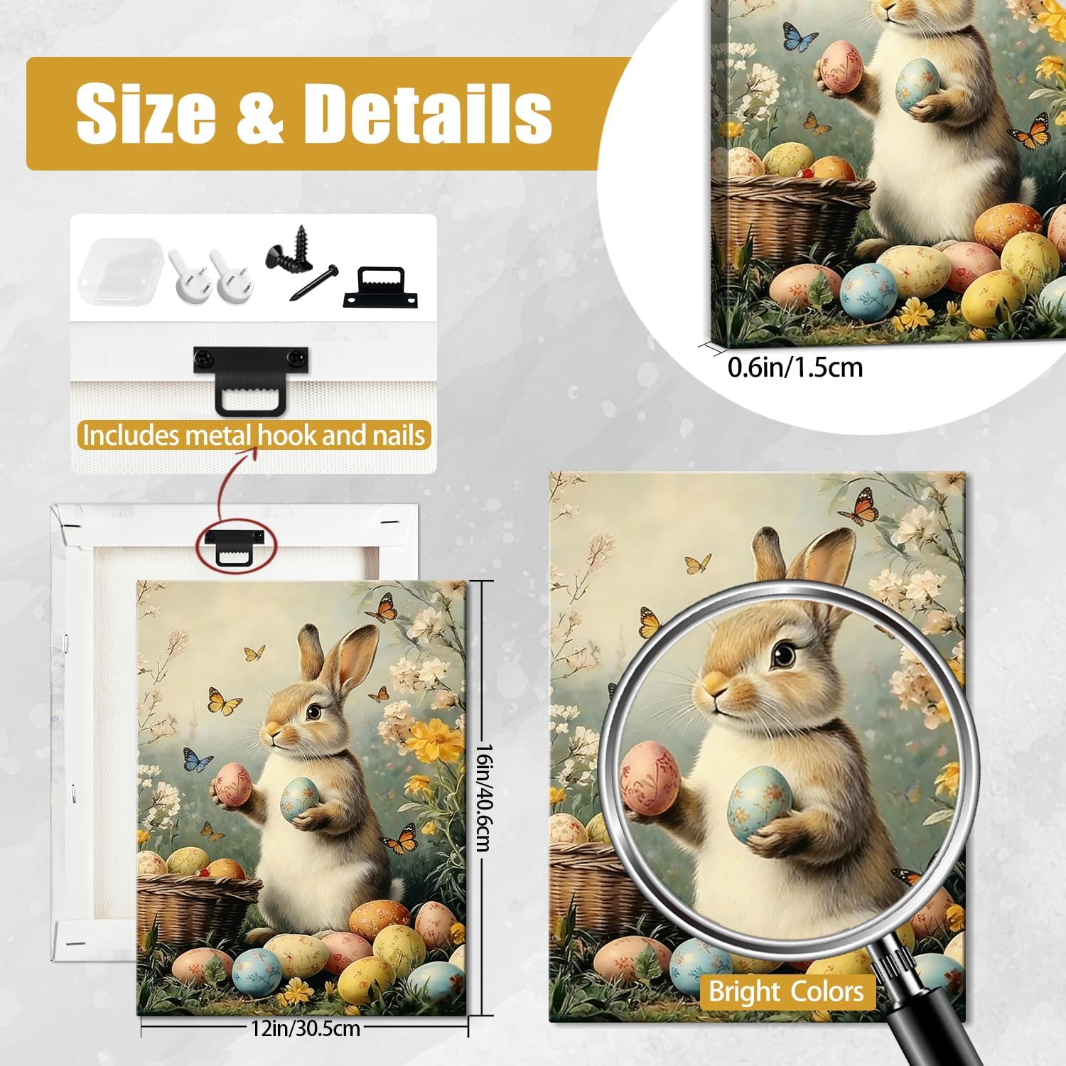 Easter Bunny Canvas Wall Art, Cute Rabbit and Easter Eggs Painting Prints, Vintage Farmhouse Spring Animal Picture, Modern Framed Easter Wall Decor for Bedroom, Living Room, Bathroom, Office 12×16In