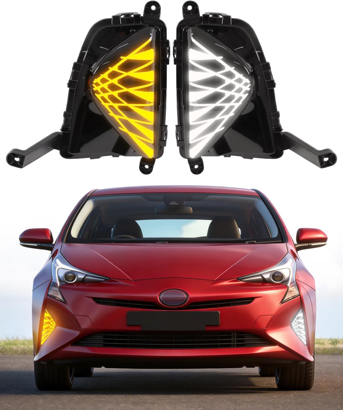 2Pcs Led Fog Lights DRL For 2016 2017 2018 Toyota Prius Accessories Daytime Running Light with Amber Sequential Turn Signal & White Startup Animation (Diamond Style)
