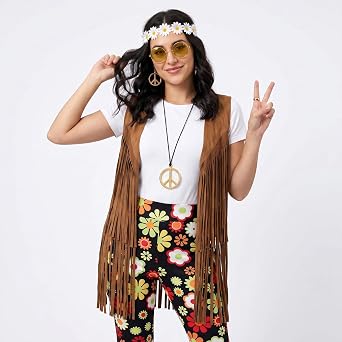 60s 70s Outfit for Women Hippie Costume 8pcs Fringe Vest Flared Pants Costume Peace Sign Necklace Earrings