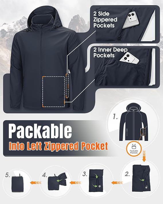 33,000ft Mens Lightweight Jackets Water Resistant Windproof Packaway Coat