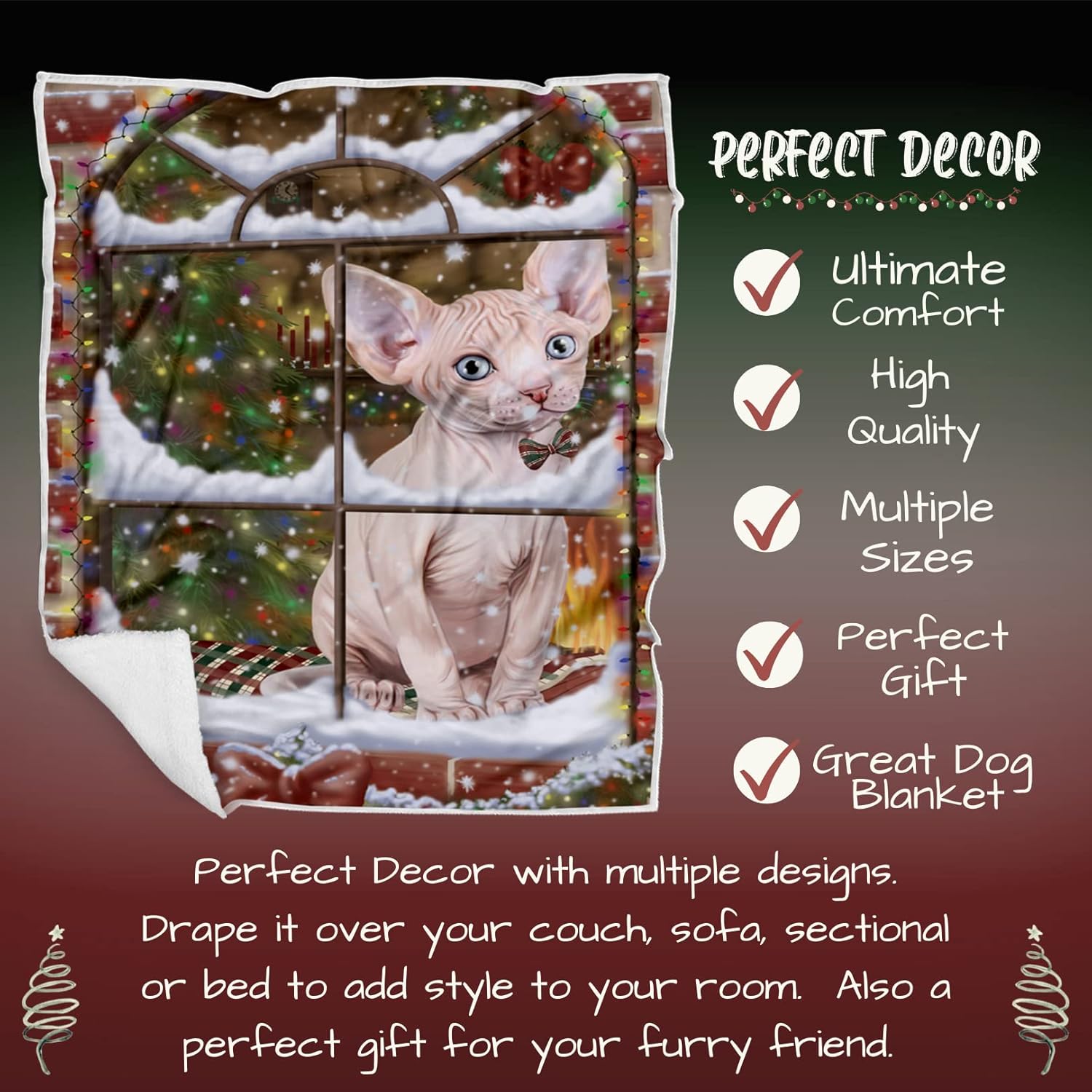 Doggie of the Day Sphynx Cat Blanket - Please Come Home for Christmas - Super Soft & Warm Pet Theme for Sofa or Bed, Warm Fleece, Sherpa or Woven Material BLNKT157520 (60x80 Fleece)