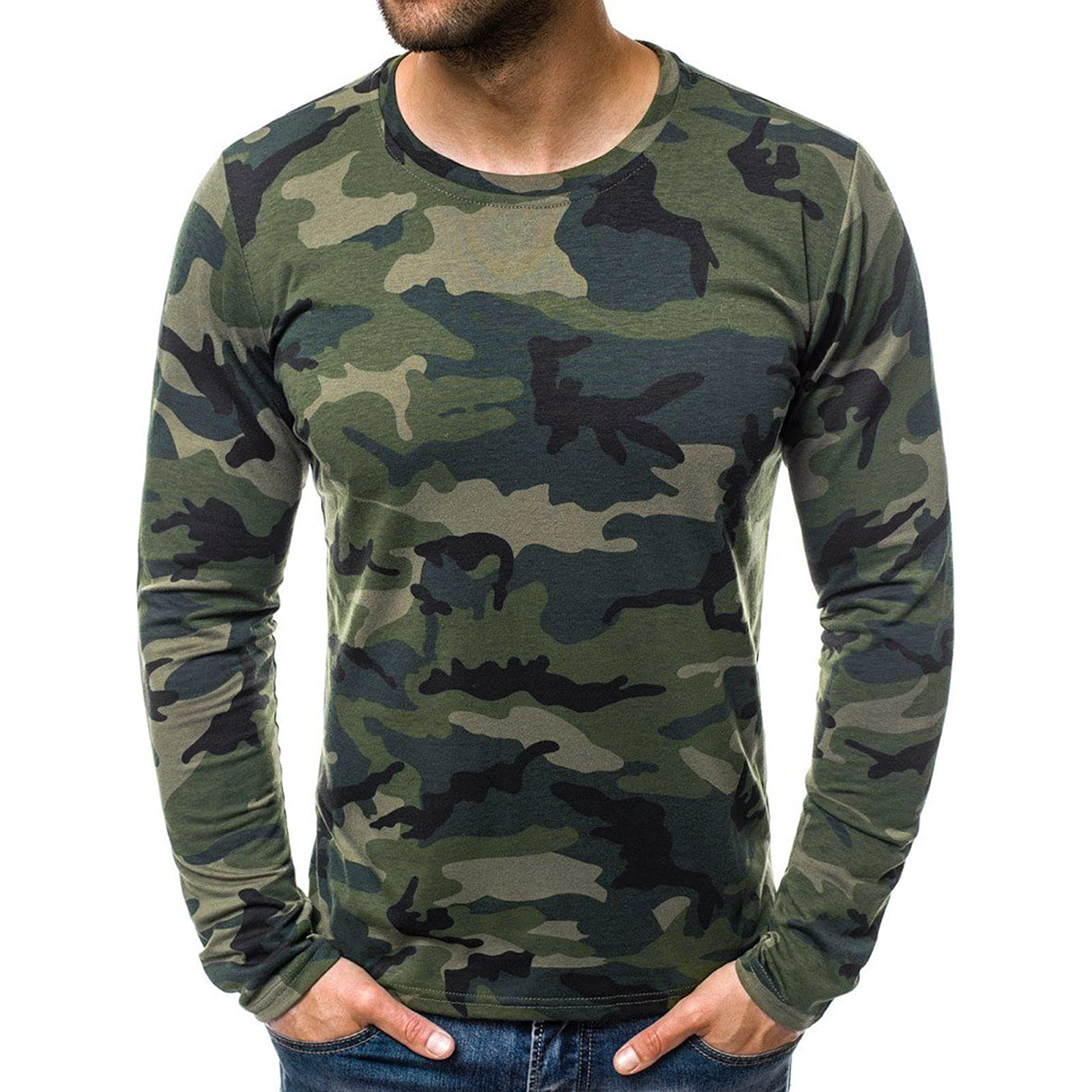 GDJGTAMen's Slim Camouflage Printed Patchwork T Shirt Casual Long Sleeve Athletic Gym Workout Tops Sport Fitness Tee Blouse