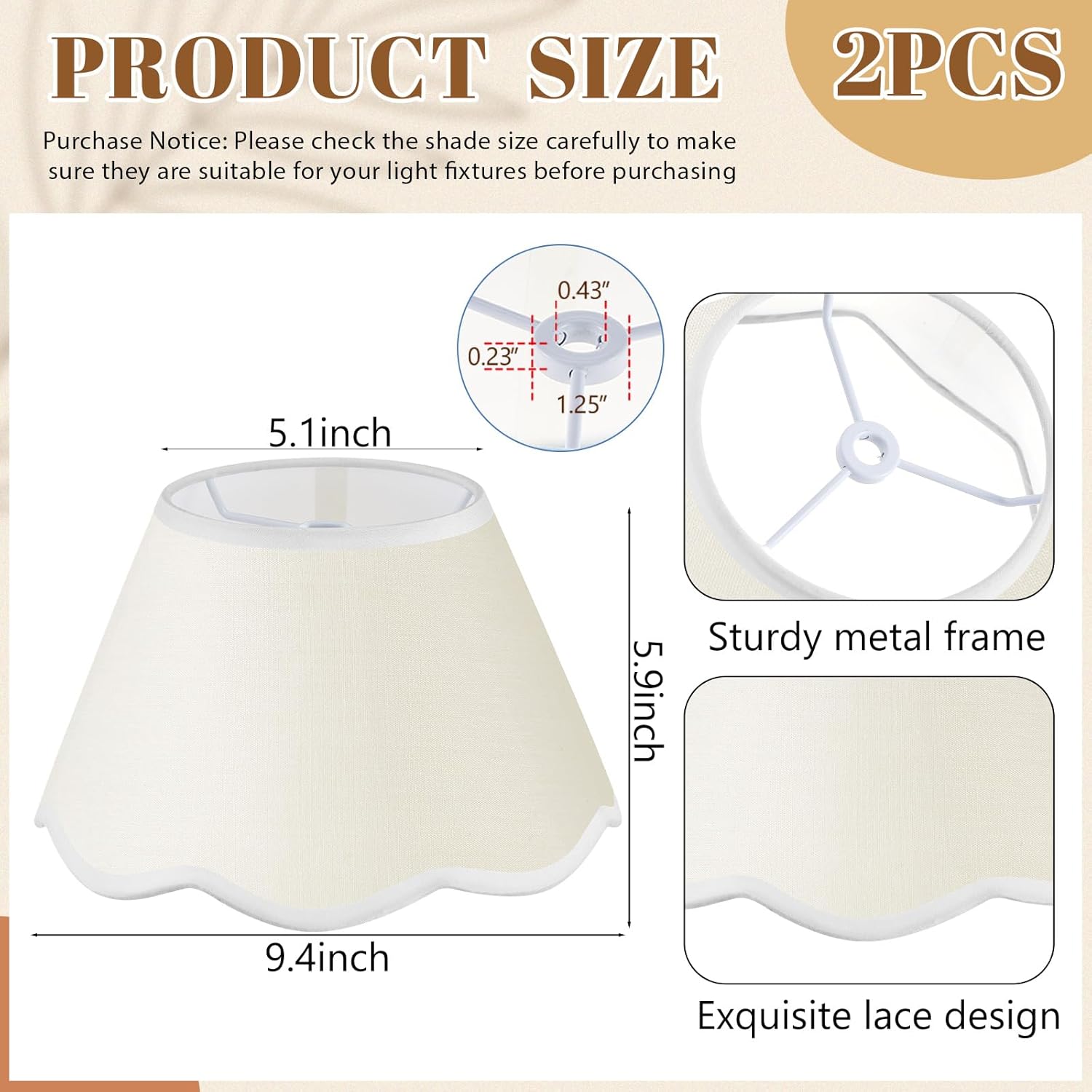 VIHOSE Beige 9.4'' Bottom x 5.9'' High x 5.1'' Top Set of 2 Lamp Shade with Petal Edge, Fabric Scalloped Lampshade, for Floor Wall Table Lamps Living Room Bedroom
