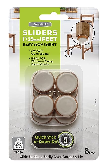 Slipstick CB250 1 Inch Floor Protector Furniture Glides/Chair Slider Feet (Set of 8) Self Stick or Screw On - Caramel