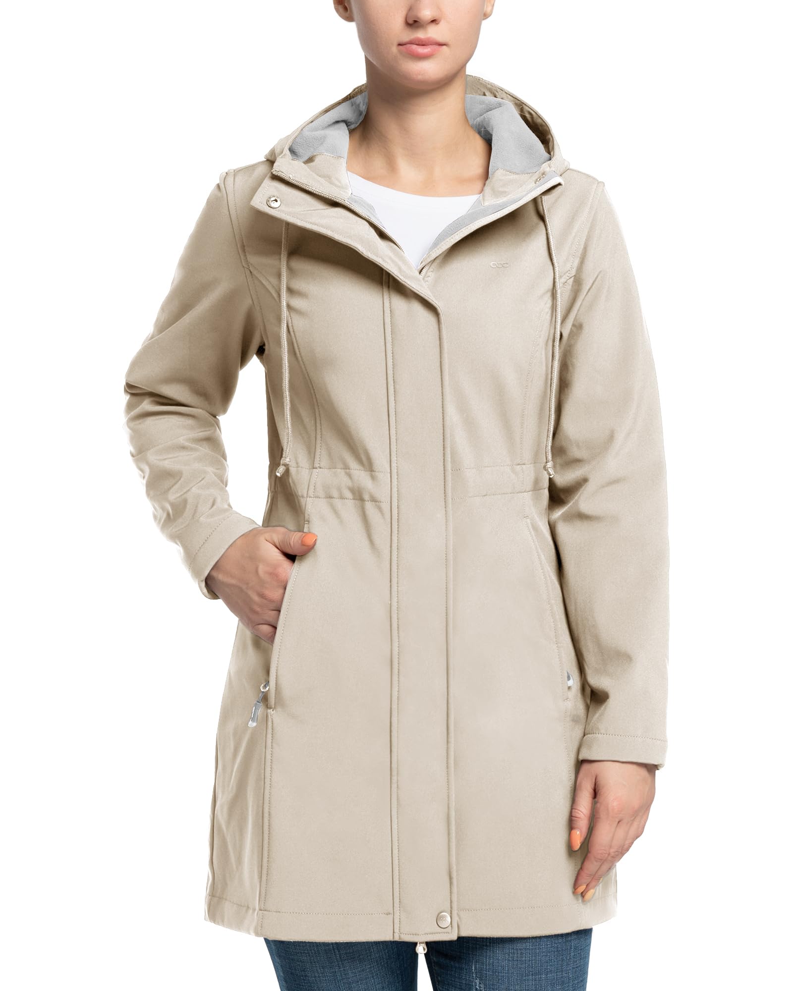 33,000ft Damen Leichte Wasserdichte Softshell Regenjacke Lange Funktionsjacke Übergangsjacke Windjacke Atmungsaktive Regenparka mit Kapuze Regenmantel für Wandern Laufen Sporten