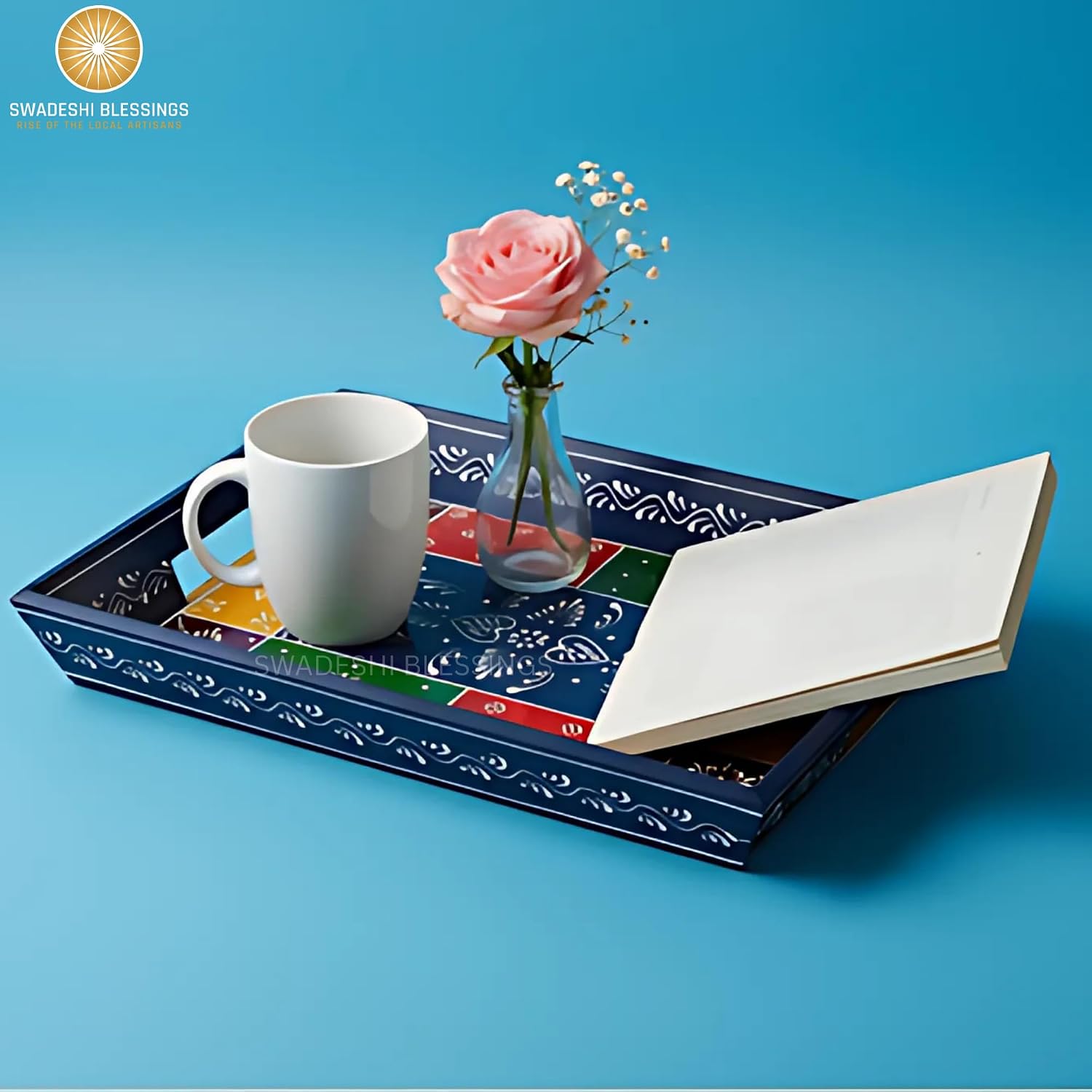 Swadeshi Blessings Wooden Serving Tray Set- Handcrafted & Hand-Painted for Kitchen/Table & Home Decor/Dinning/Gifts/Restaurants/Living Room/Coffee Table (Set of 3 Trays) (Blue)