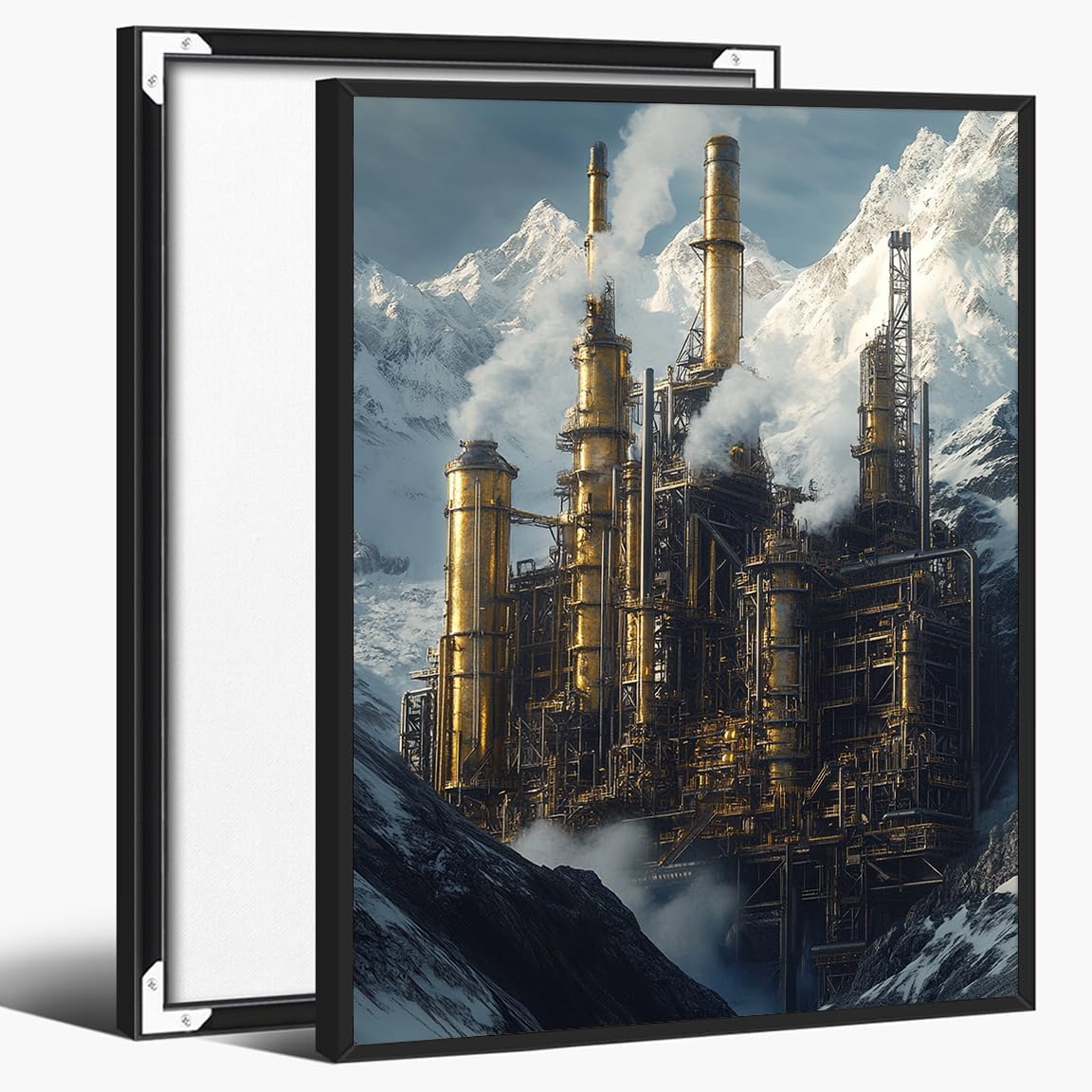 Steampunk City Wall Art Nighttime Canal Scene Fantasy Industrial Architecture with Glowing Clock Tower Poster for Bedroom Office or Living Room Decor 16x20in Large Frame wall art