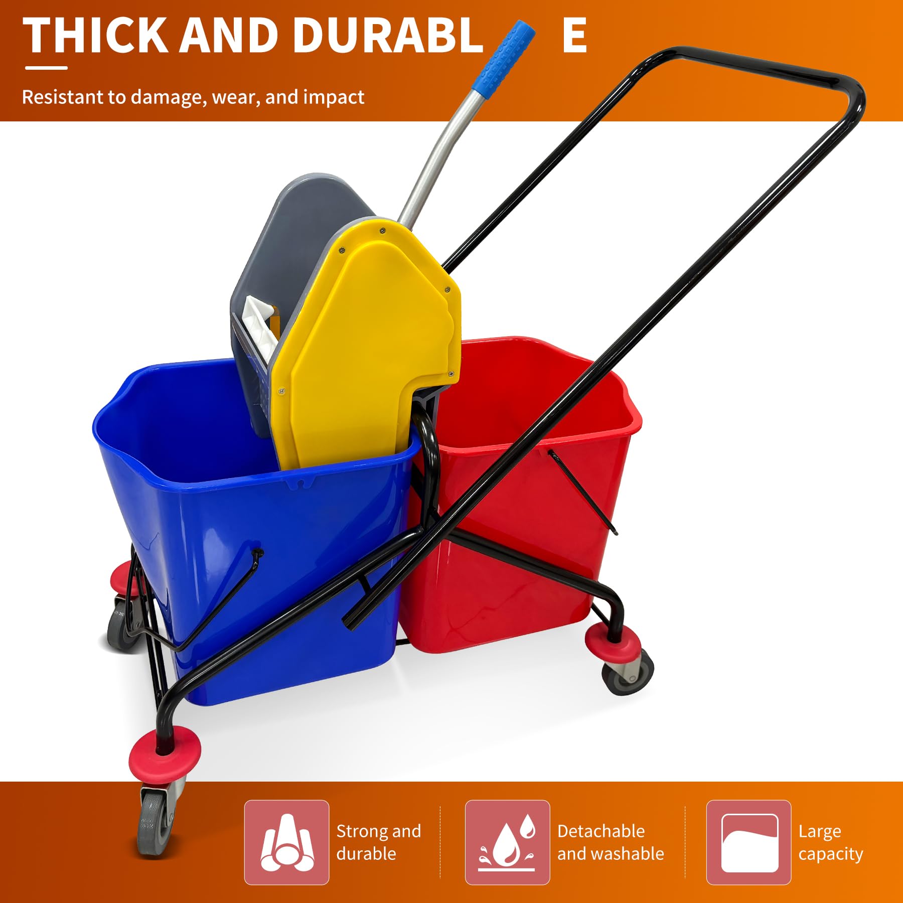 Cubo industrial para fregona de 6.5 galones de capacidad, carrito de fregona doble con escurridor, carros rodantes con ruedas, fregona giratoria y cubo (revestimiento en polvo, prensa de