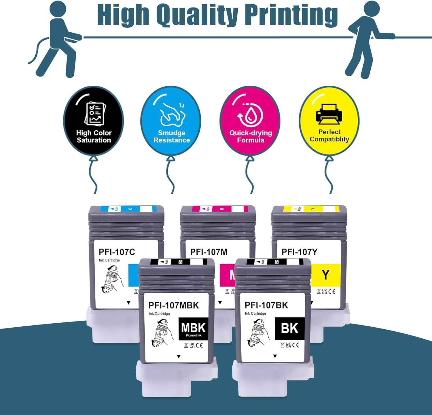 PFI-107 Ink Replacement Compatible for Canon PFI-107 Ink Cartridges for Canon IPF670 IPF680 IP685 IPF770 IPF780 IPF785 Printer (5PK, MBK/BK/C/M/Y PFI107 Ink Tank)