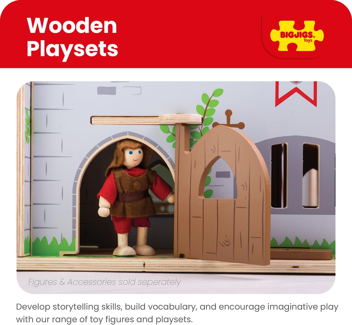 Bigjigs Toys King George's Castle Wooden Toy for Kids Age 3+ | Working Slot-Together Fort with Drawbridge, Balconies & Doors | Medieval Wood Toys for Fantasy Role Play | Educational Gift for Children