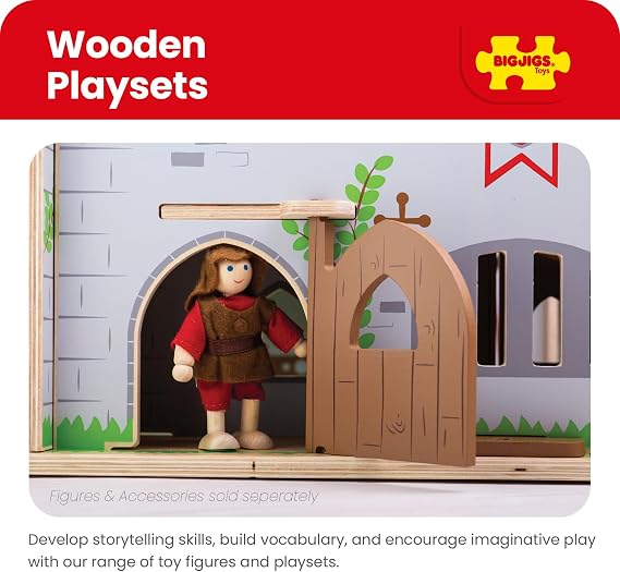Bigjigs Toys King George's Castle Wooden Toy for Kids Age 3+ | Working Slot-Together Fort with Drawbridge, Balconies & Doors | Medieval Wood Toys for Fantasy Role Play | Educational Gift for Children