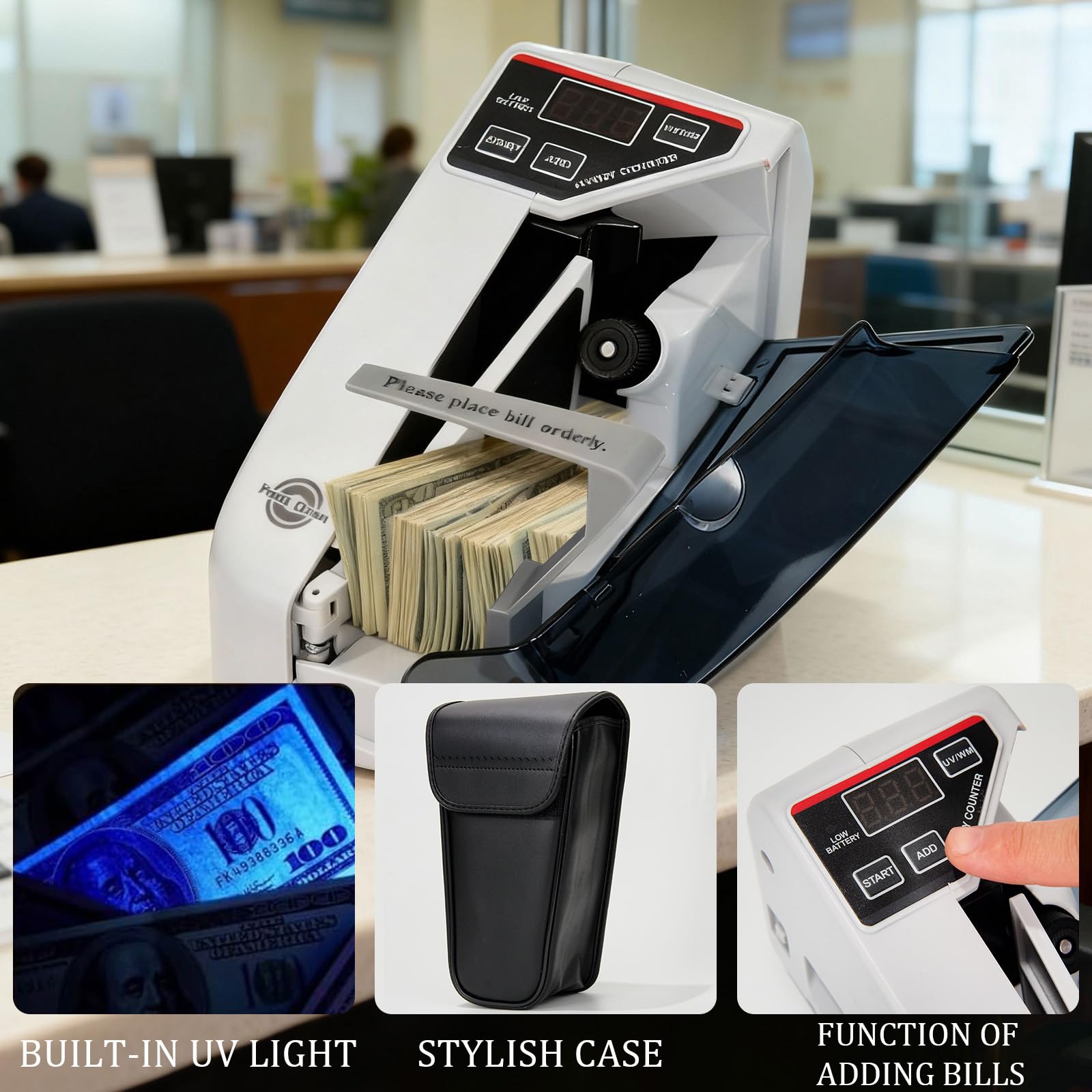 WINB Contatore di denaro con rilevamento di contraffazioni UV - Contatore contatore di contanti portatile, 600 note/min ad alta velocità per banconote e valuta
