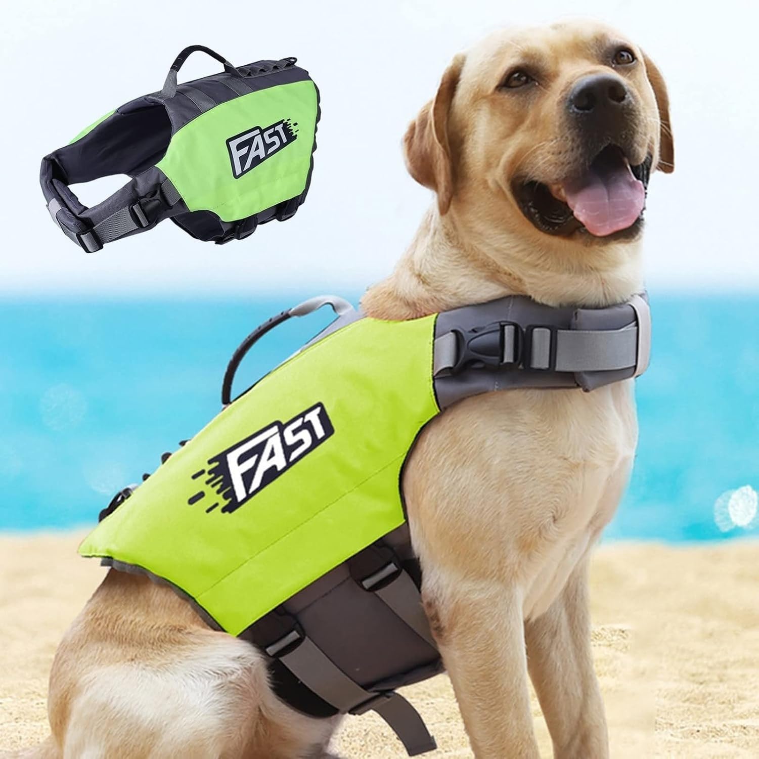 Chaleco Salvavidas para Perro Ajustable con Reflectante, Chaleco de Seguridad Flotante para Natación y Paseo en Barco, con Asa de Rescate para Perros Pequeños, Green, L