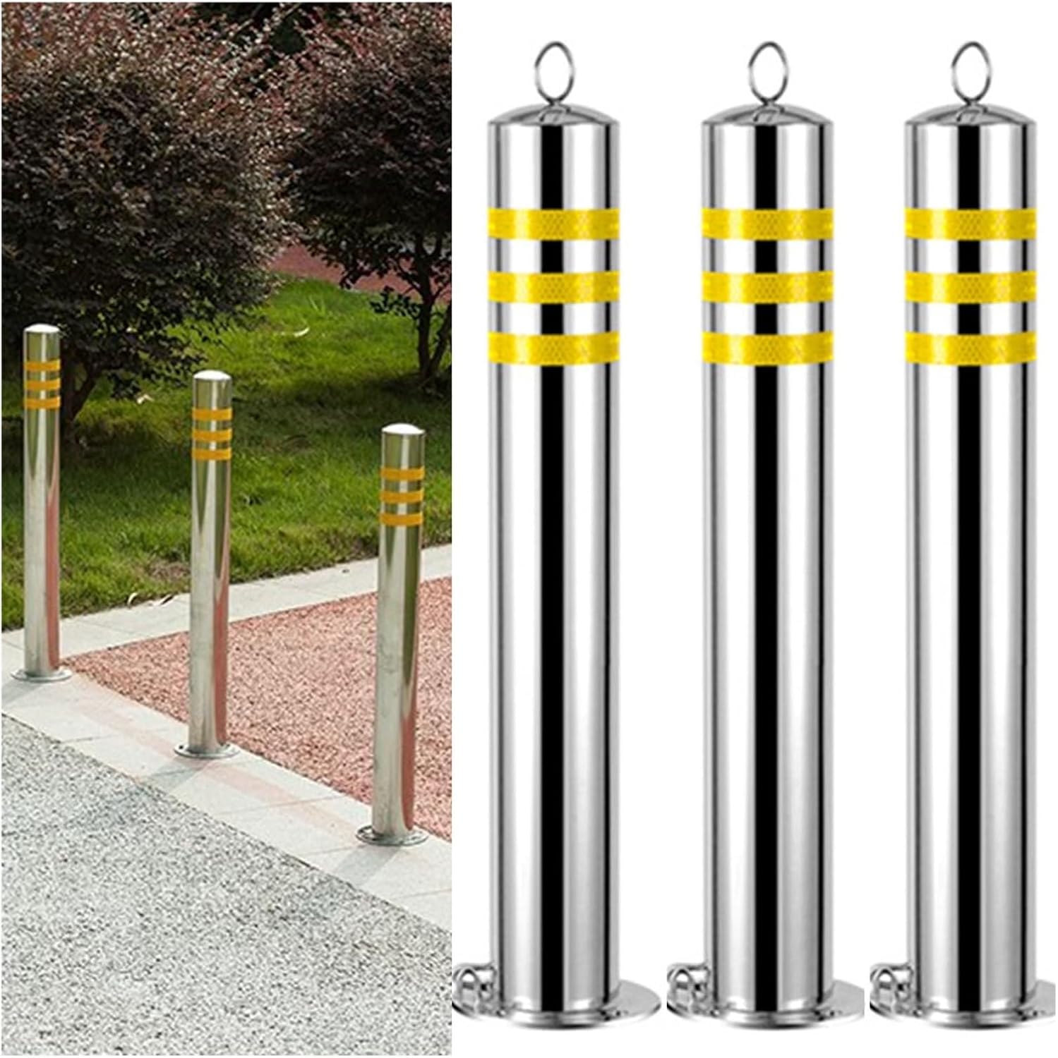 WOTZOV Traffic Safety Bollard, Construction Cone Traffic Delineator Post Stainless Steel, Barrier Reflective Tape Parking Post For Home Garage Street Decor Or Traffic Sensitive Area,3pack 75cm/29.5in