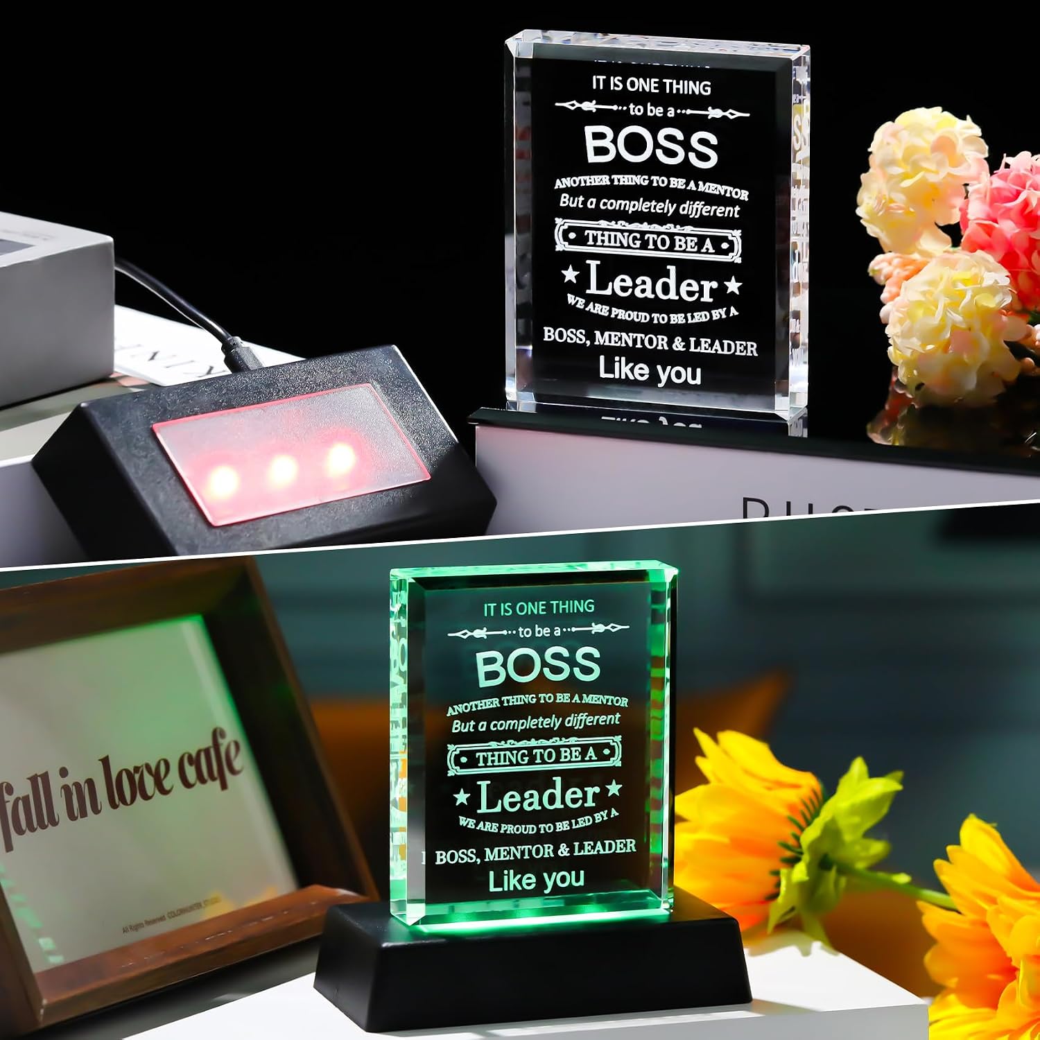 Best Boss Gifts for Men Women - World Best Boss Crystal Plaques with Light Base - Boss Retirement Farewell & Thank You Gifts for Mentor, Leader Home Desk Office Decor