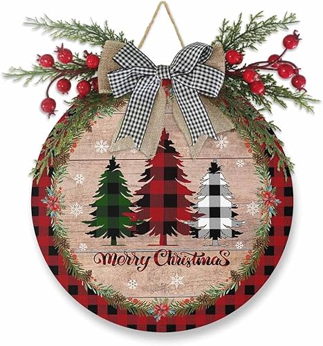 Letrero de bienvenida con texto en inglés Merry Christmas para la puerta delantera, árbol de Navidad, letrero de puerta de árbol de Navidad con