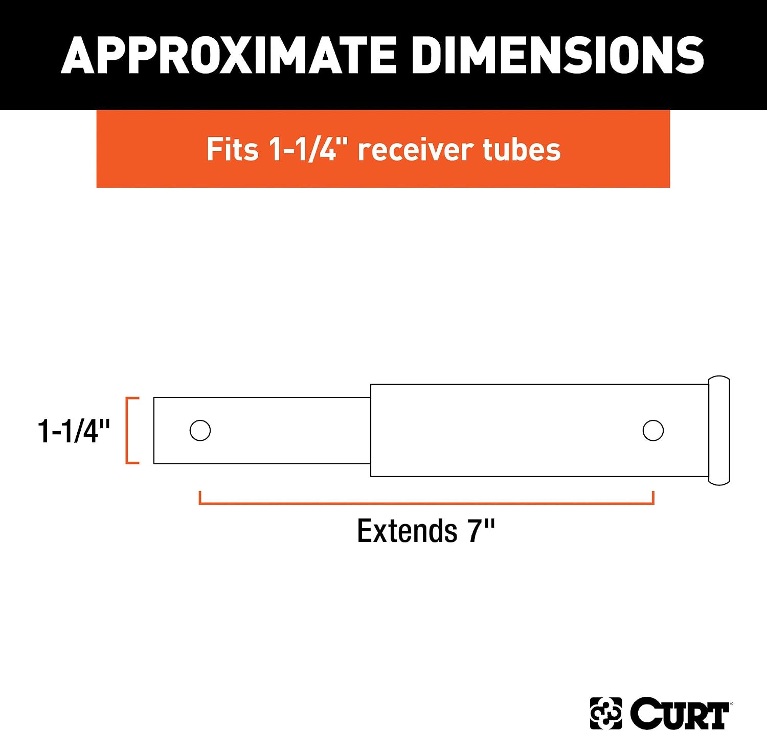 CURT 45789 7-Inch Long Trailer Hitch Extension for 1-1/4-Inch Receiver, 350 lbs