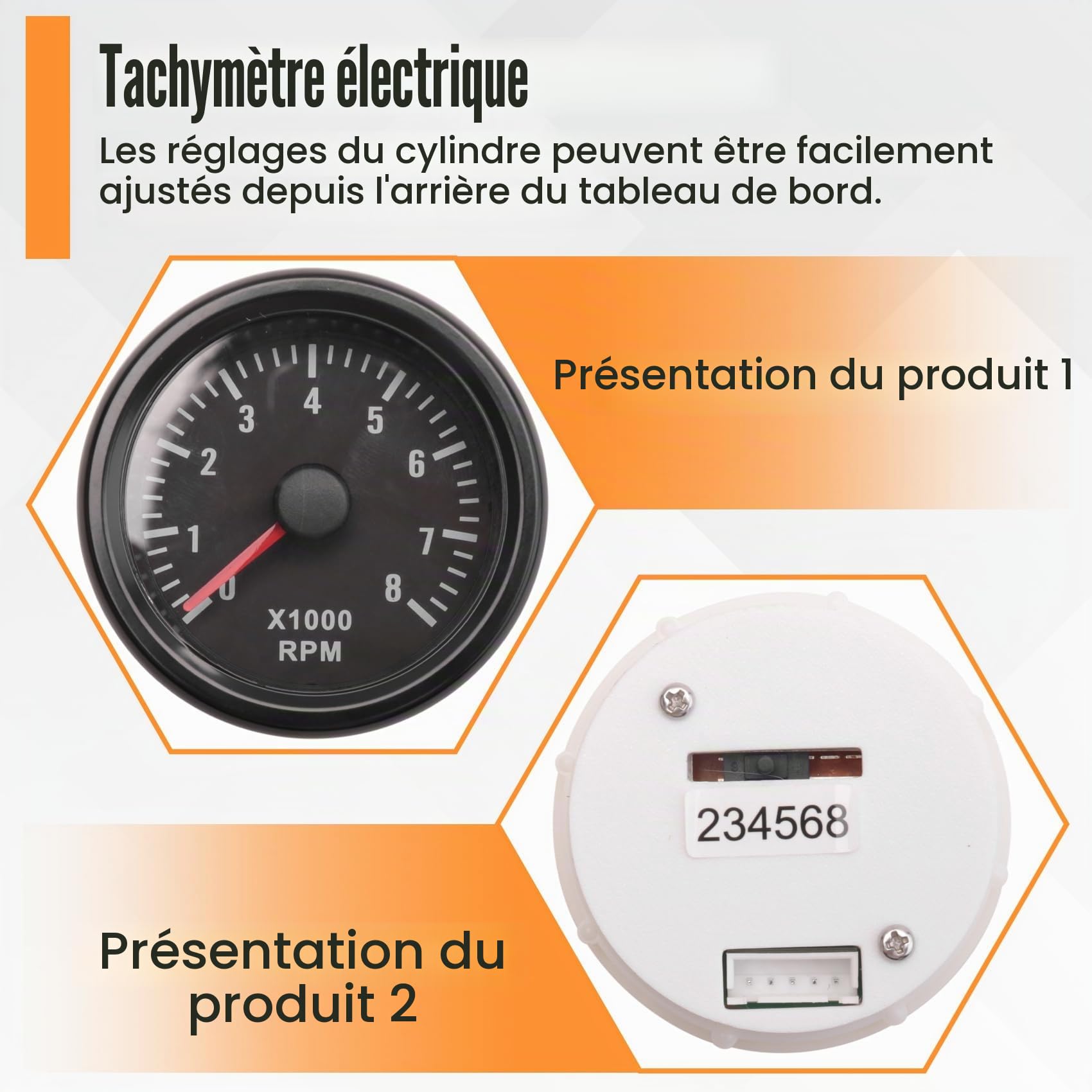 52MM Tachymètre Électrique 0-8000 RPM 2 Compteur de Tours/Minute pour Moteur à Essence 2 3 4 5 6 8 Cylindres Voiture Bateau Yacht