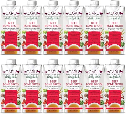 Caru - Plato diario de caldo de hueso de res para perros y gatos - Caldo salado para verter - 1.1 libras cada uno - Paquete de 12